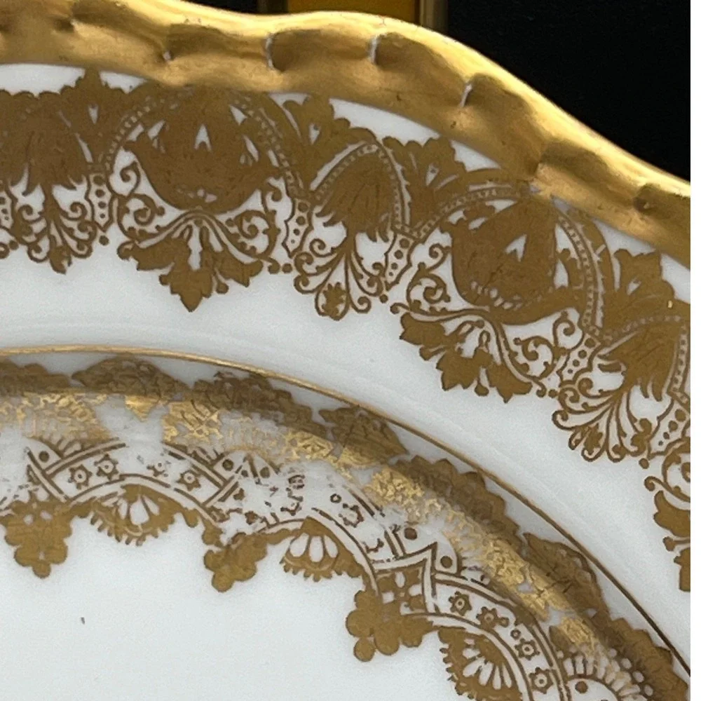 J Pouyat Limoges France Antique Gold Encrusted Scalloped Bread Plate White 6.25